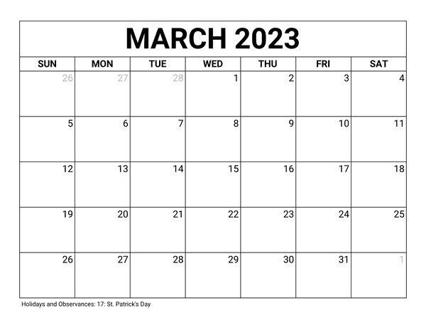 March 2023 Calendar with Holidays Templates
