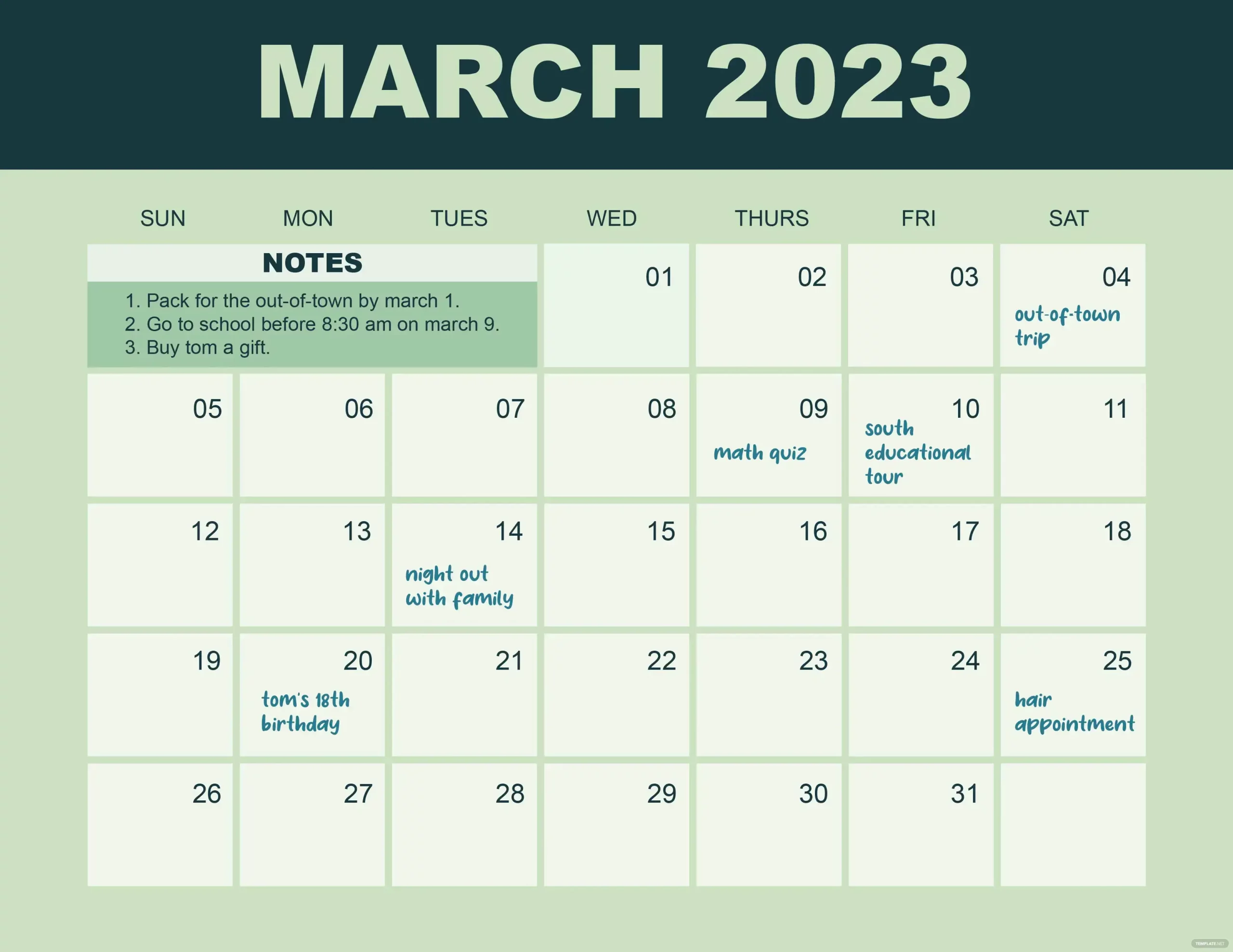 March 2023 Holidays Calendar Template