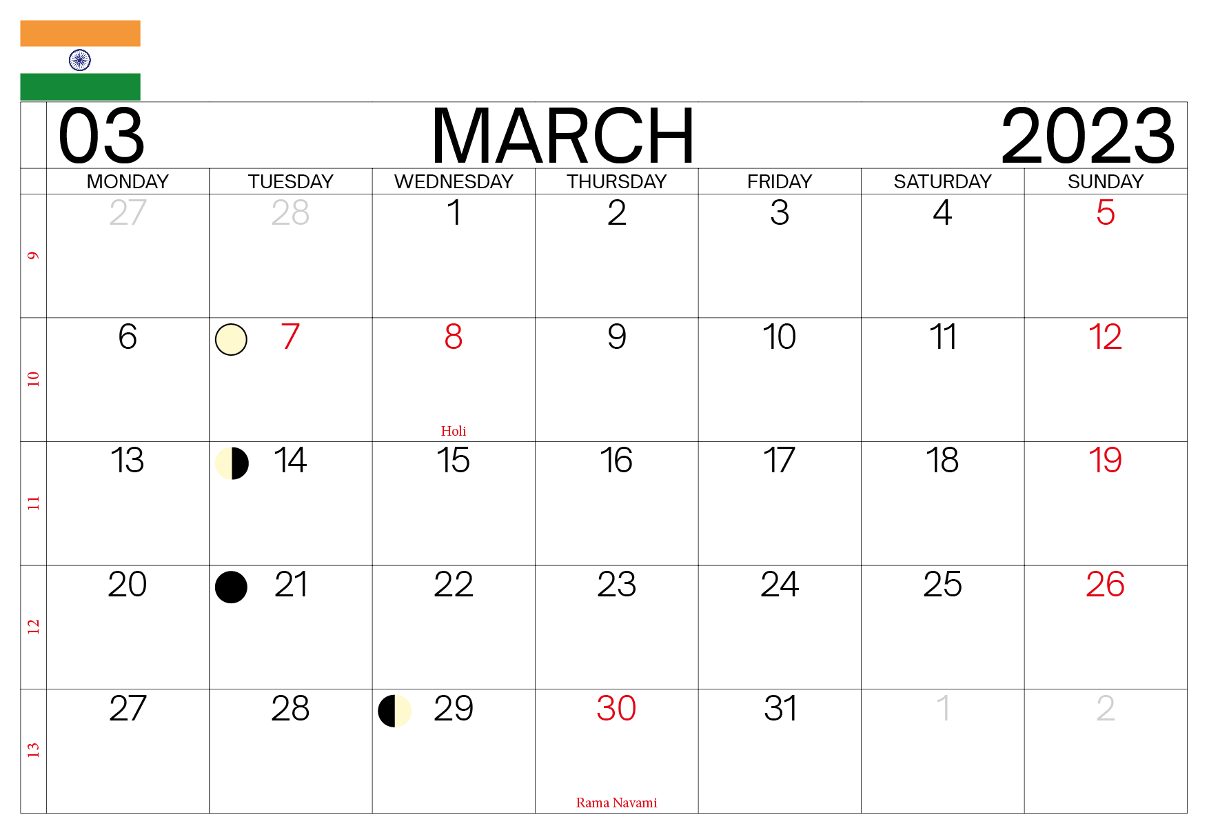 March 2023 Holidays Calendar with Dates
