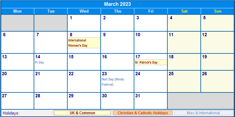 March 2023 UK Calendar Holidays