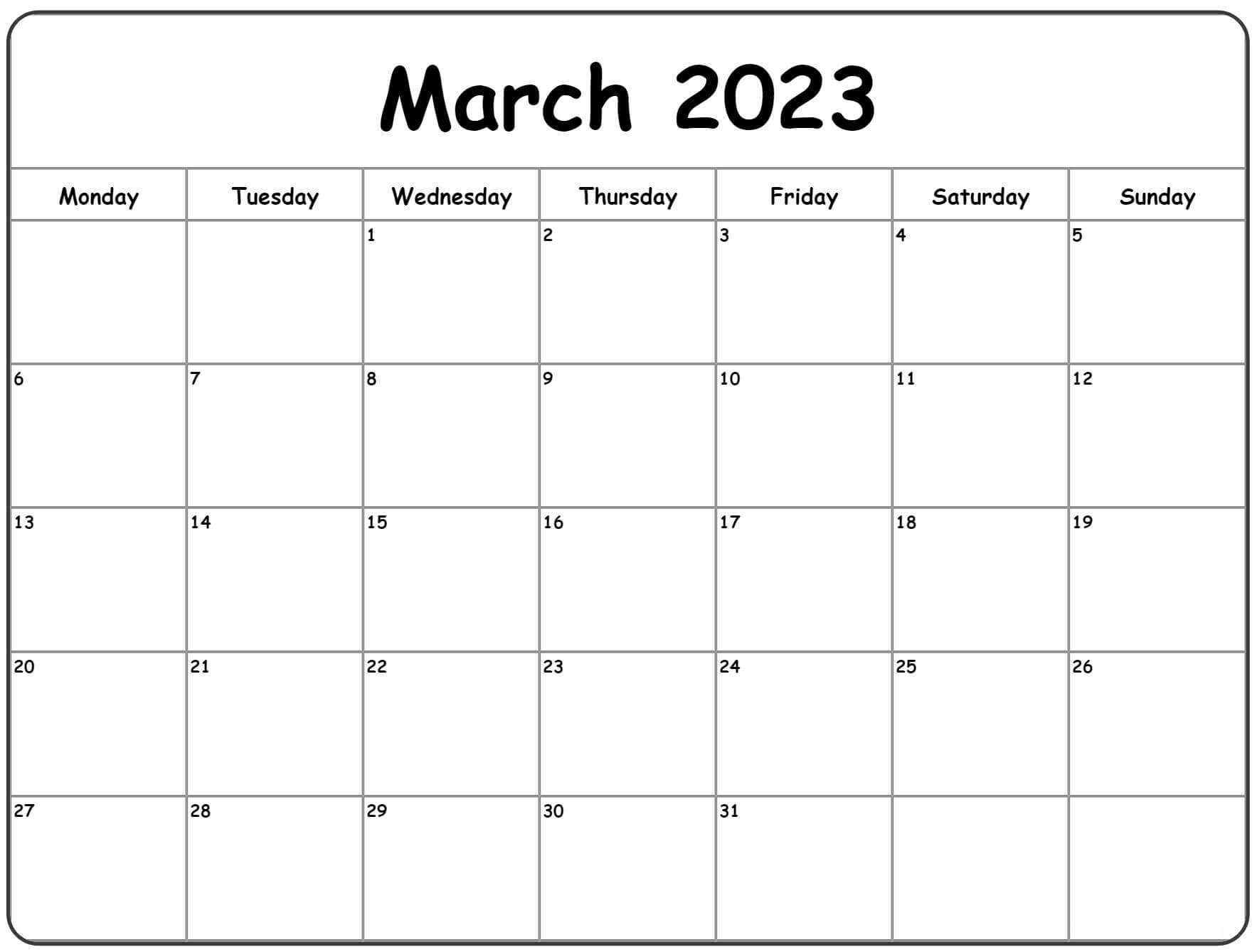 March 2023 calendar monday start