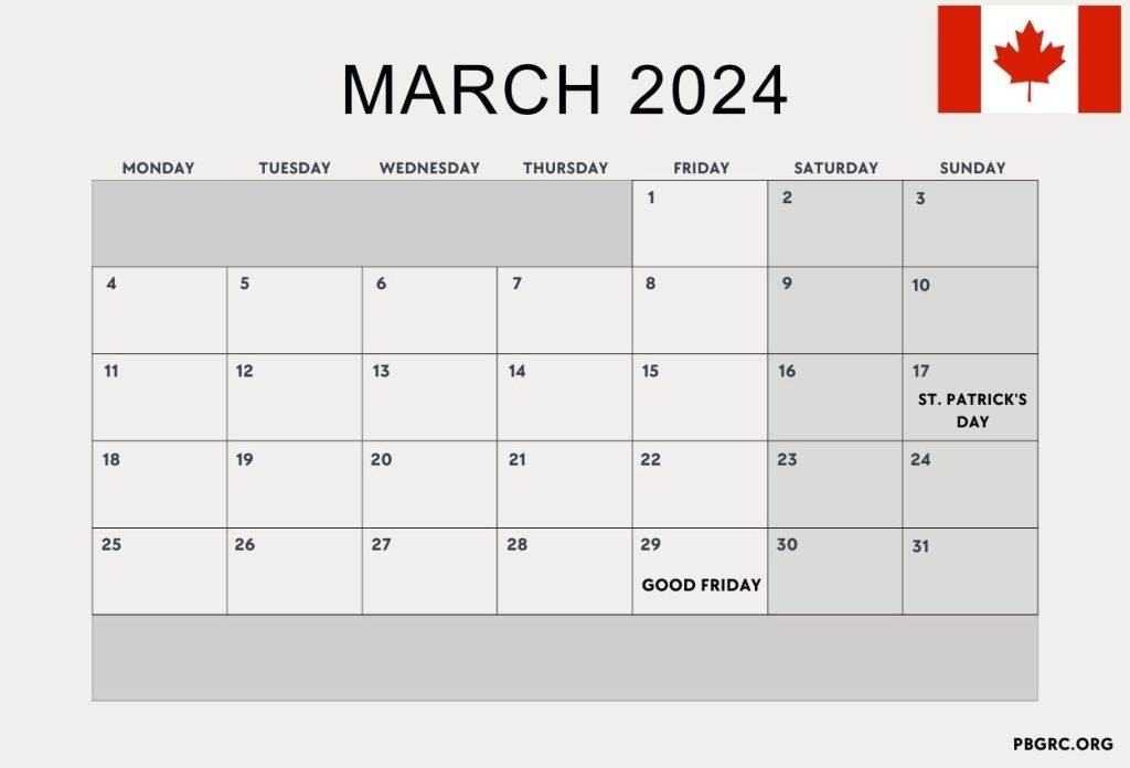 March 2024 Canada Holiday Calendar