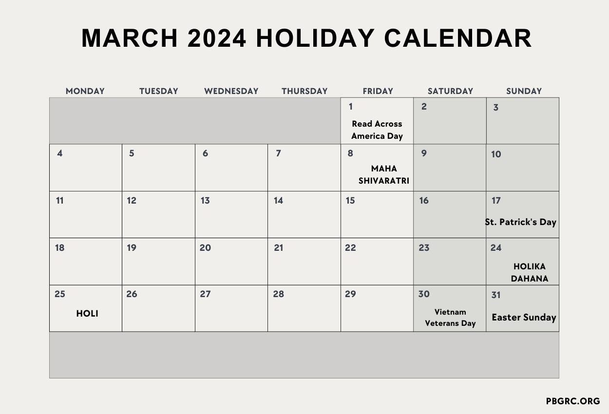 March 2024 Holiday Calendar
