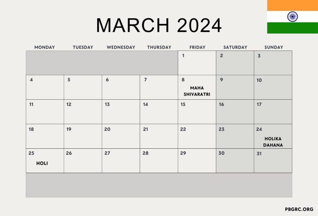 March 2024 India Holiday Calendar
