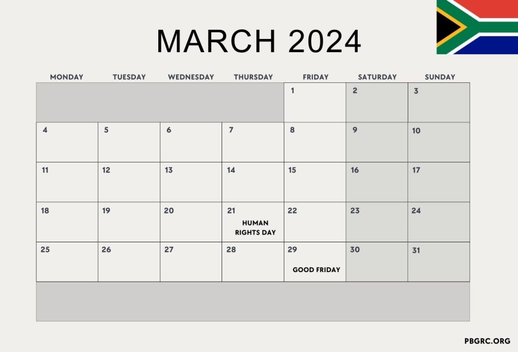 March 2024 South Africa Holiday Calendar