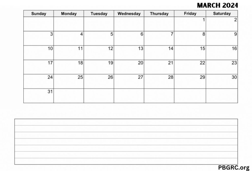 March Calendar 2024 With Notes
