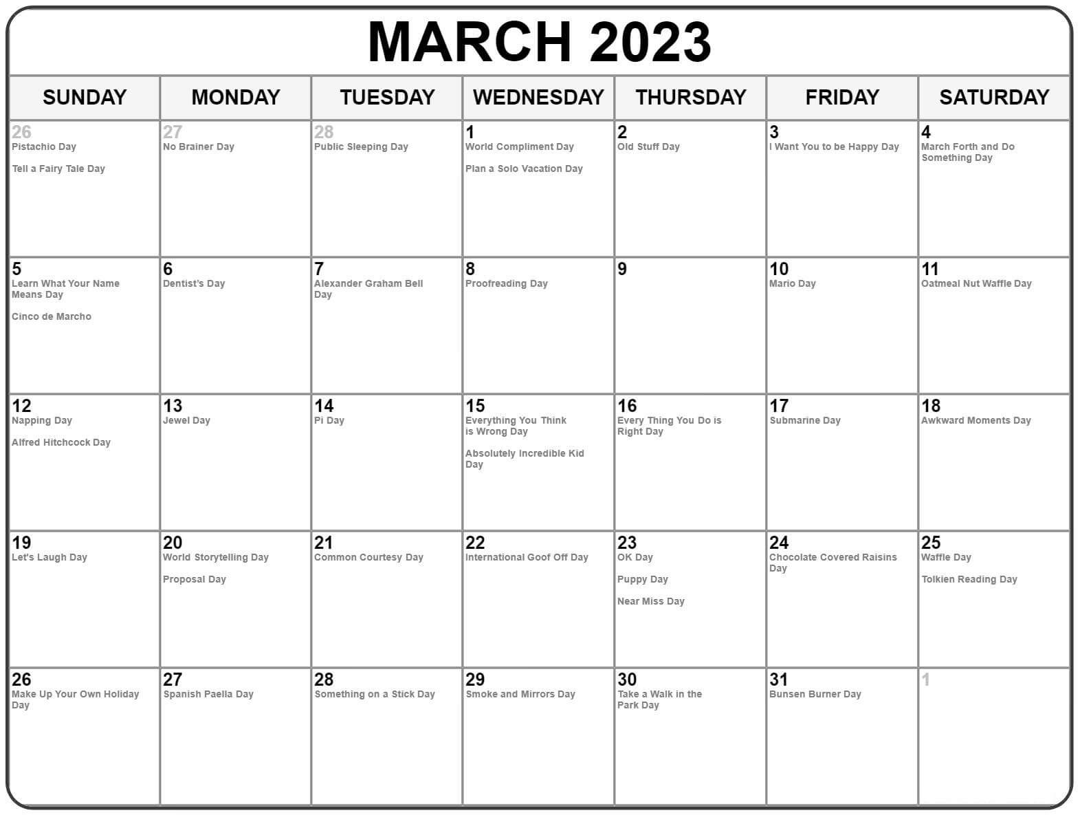 March Holidays Calendar 2023