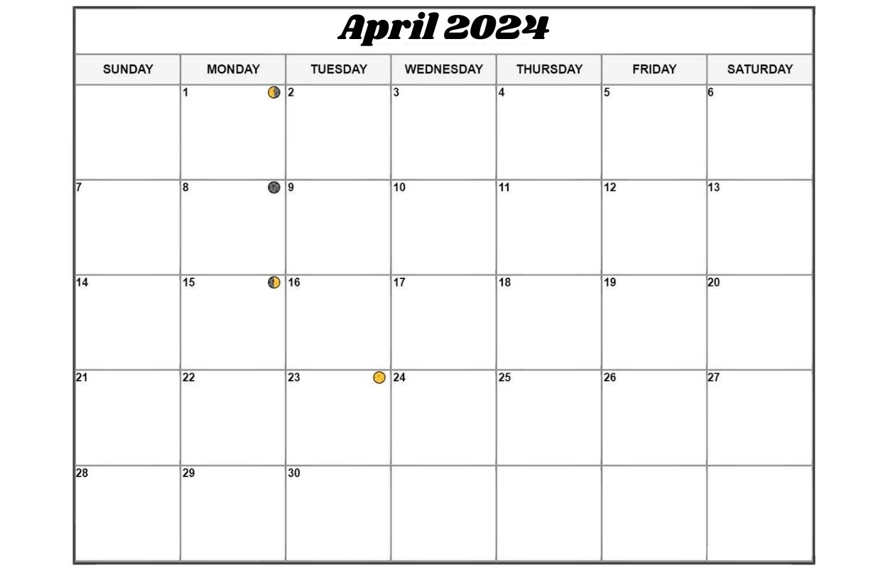 April 2024 Calendar Template With Moon Phases
