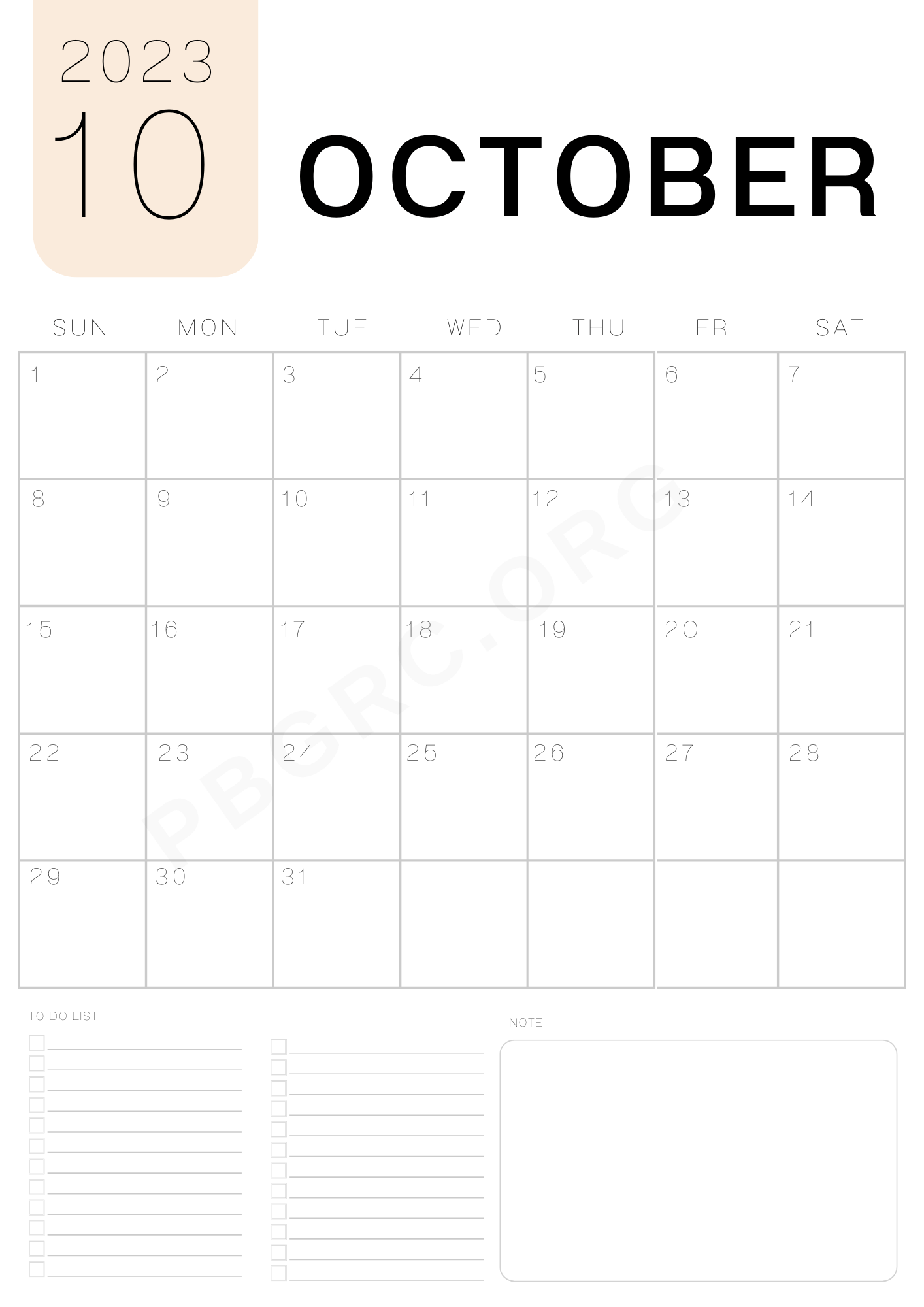 October 2023 Calendar A4 Size