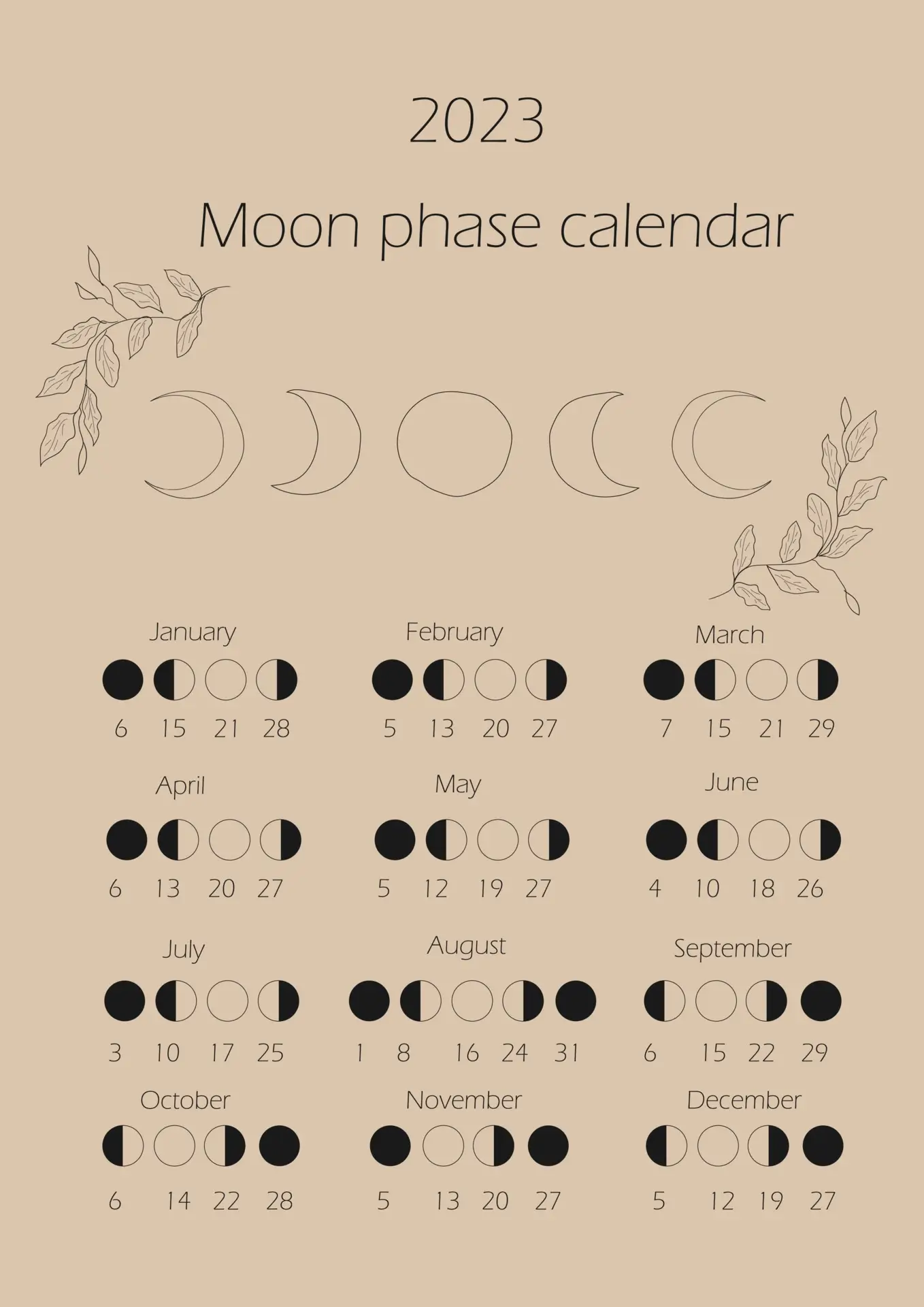Printable 2023 moon phases calendar