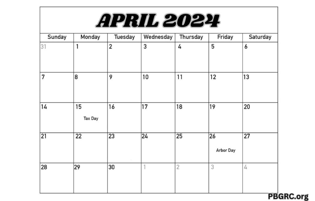 Printable April 2024 Calendar Word
