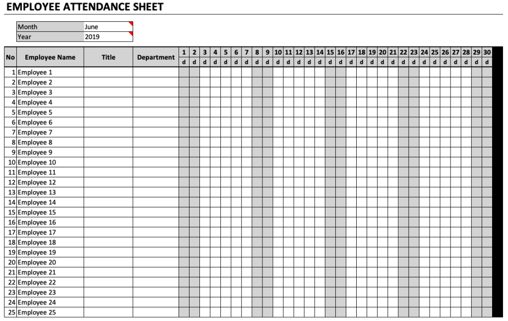 Printable Employees attendance sheet