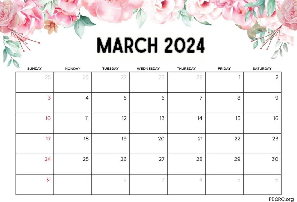 Printable Floral March 2024 Calendar