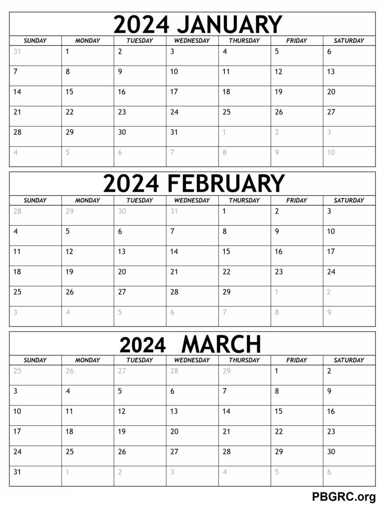 Printable January to March 2024 Calendar