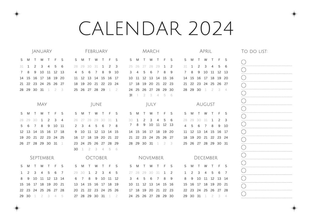 Simple blank yearly calendar 2024