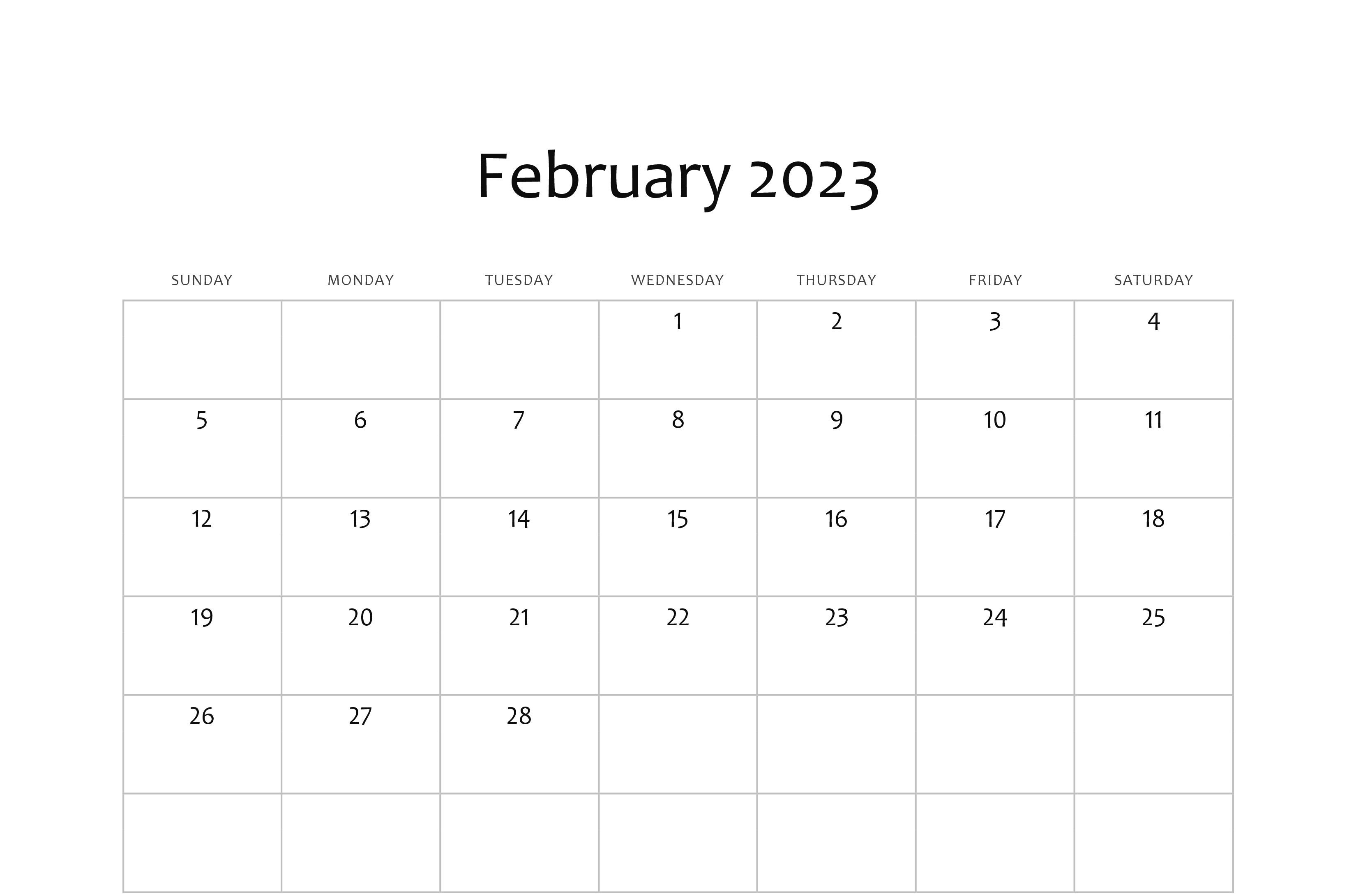 blank february calendar 2023 editable full