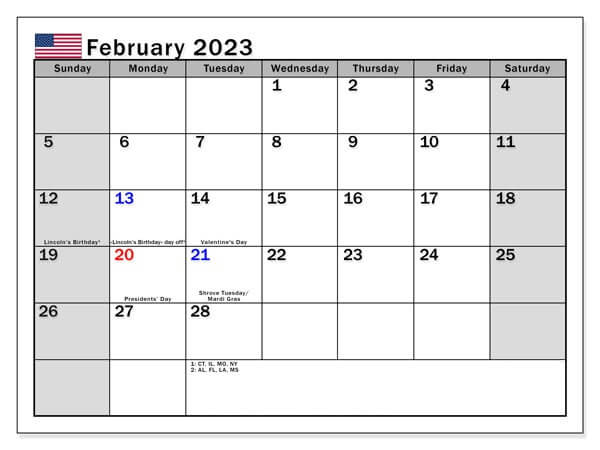 calendar february 2023 usa