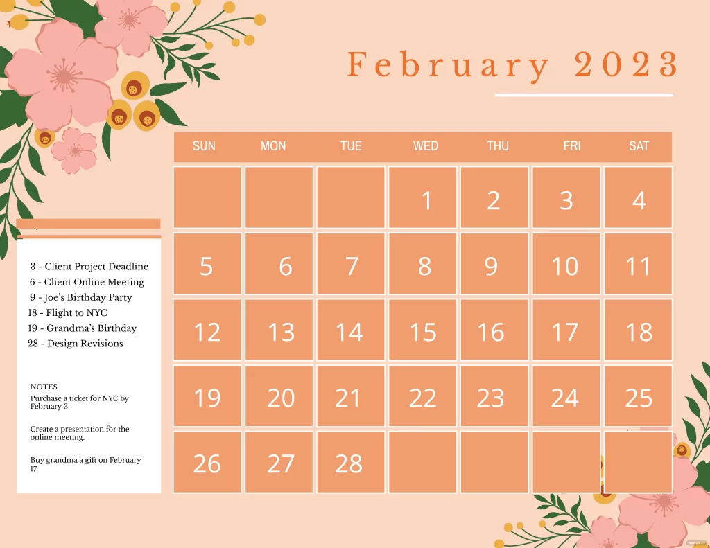 floral february 2023 calendar template