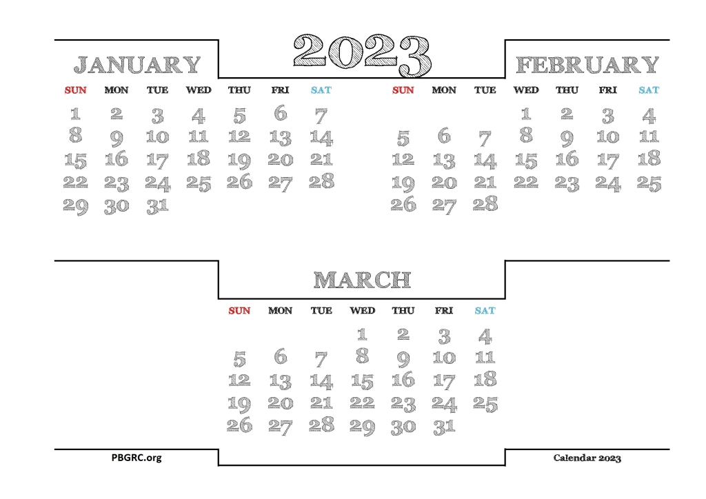 january february march 2023 calendar printable 3 month calendar
