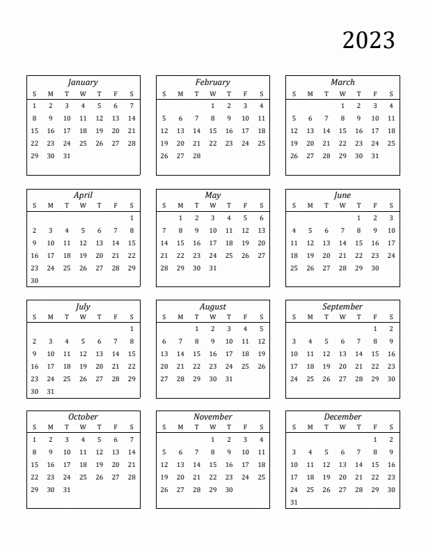 printable 12 month calendar 2023