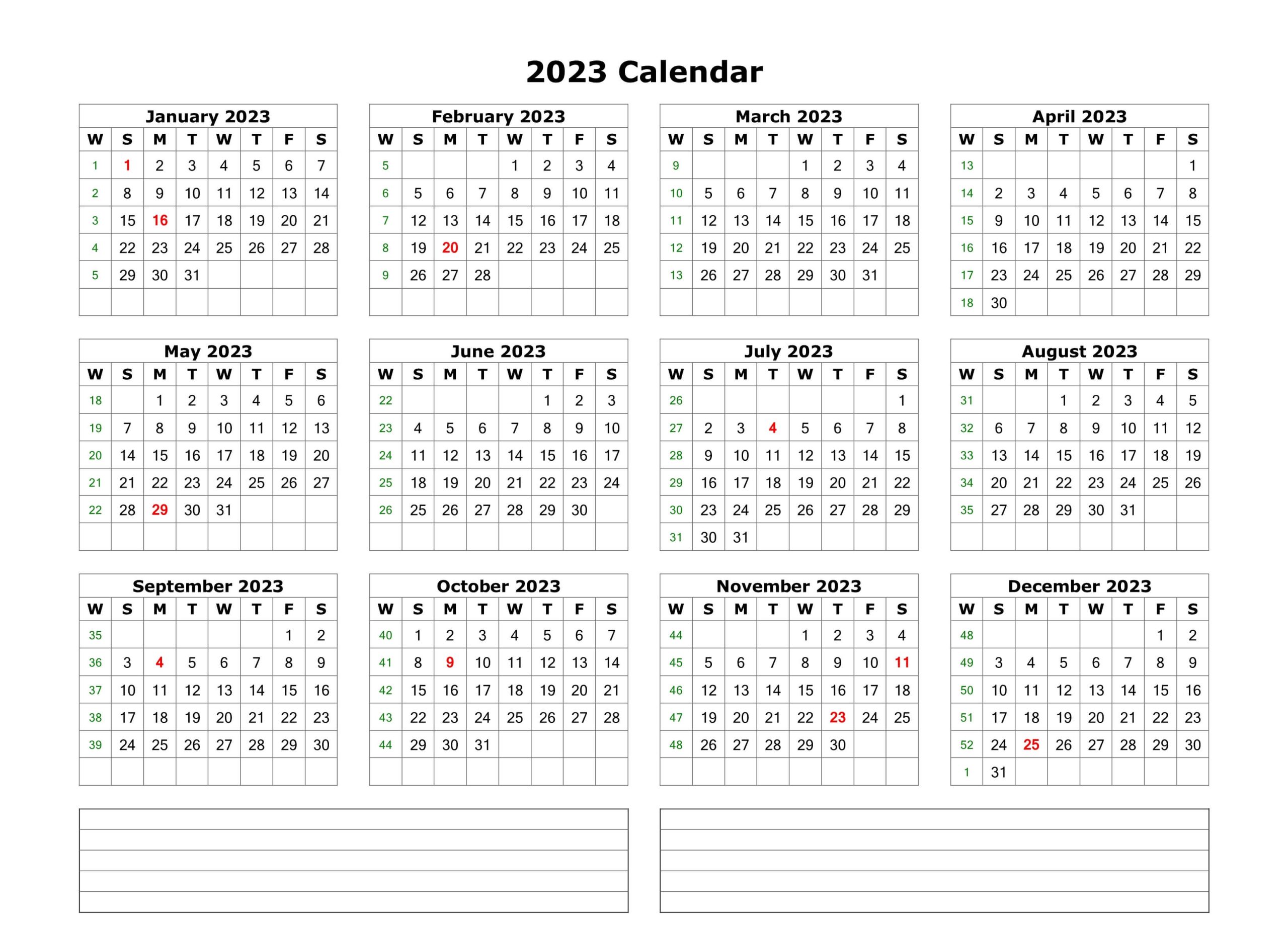 yearly 2023 calendar notes blank landscape
