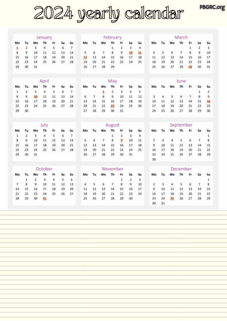 yearly 2024 calendar notes blank landscape