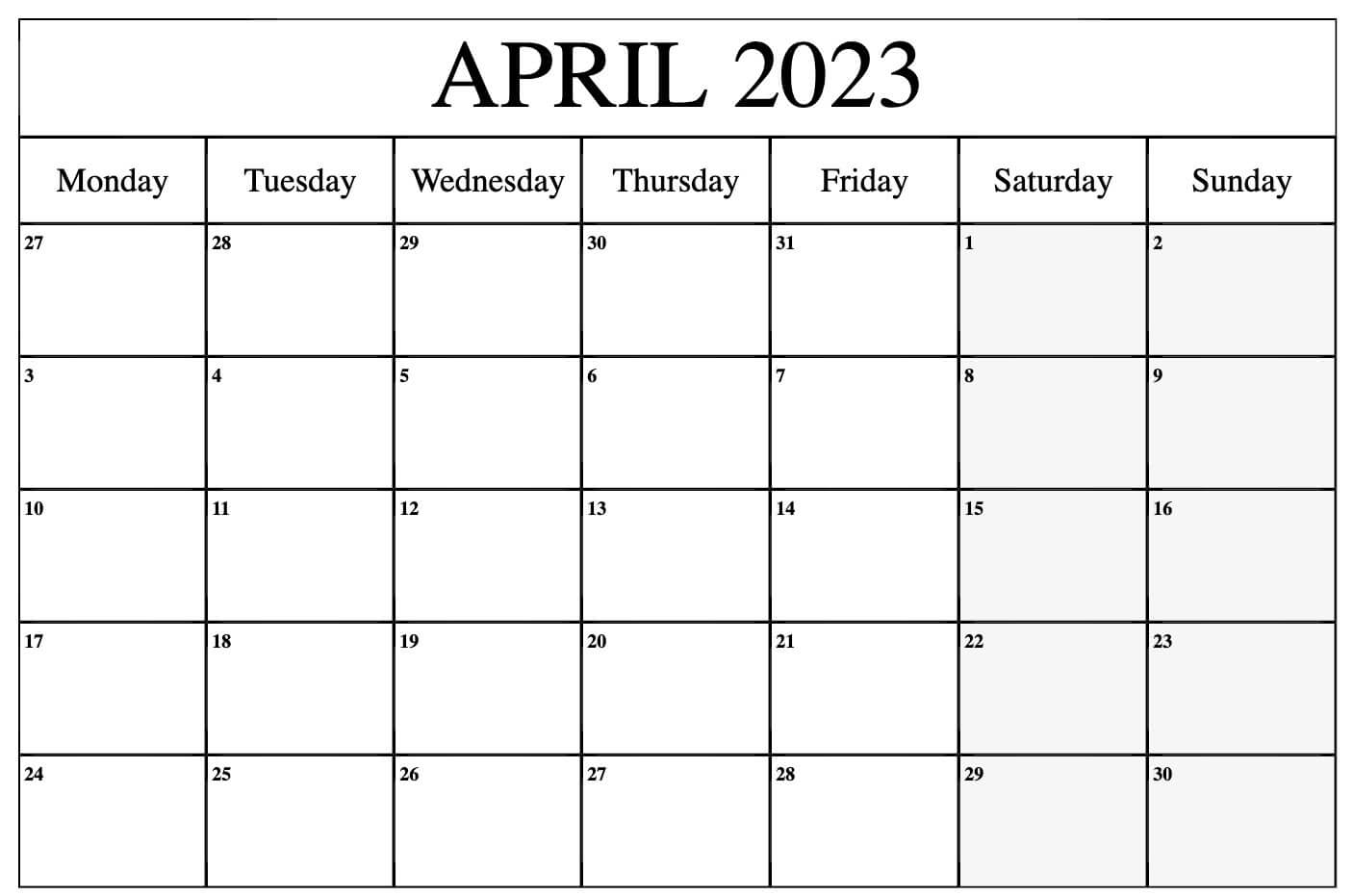 April 2023 Blank Calendar Printable (Monday)