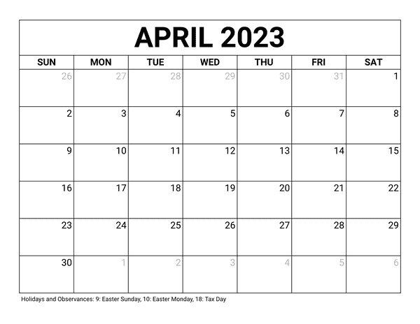 April 2023 Calendar Holidays