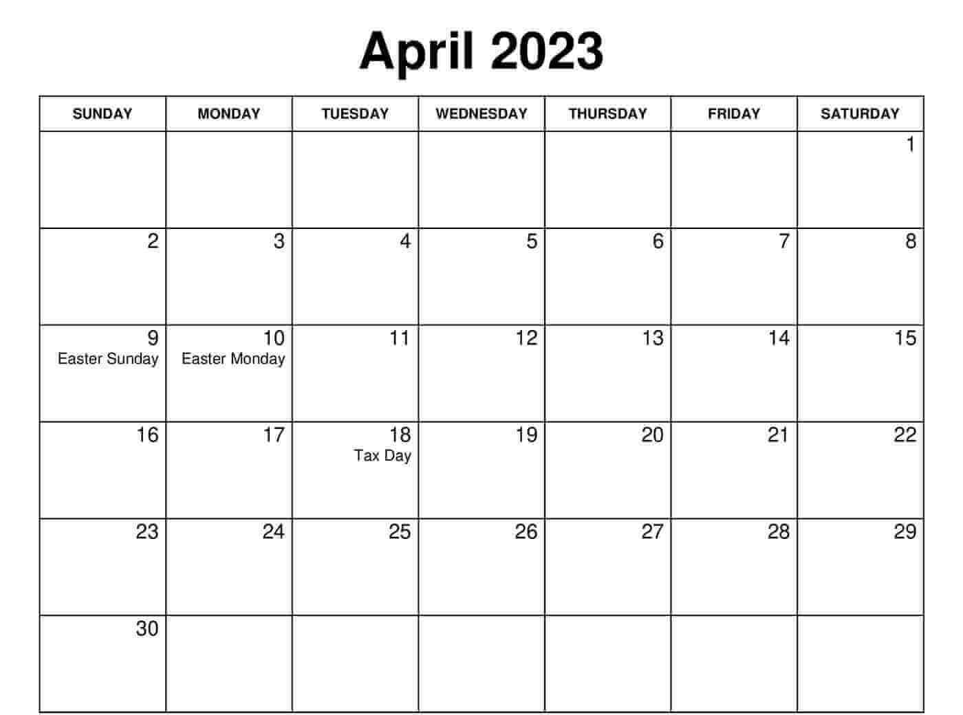 April 2023 Calendar Printable with Holidays
