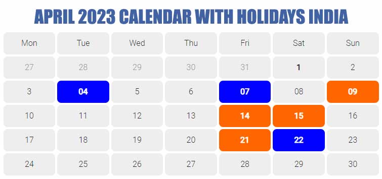 April 2023 Central Government Holidays Calendar