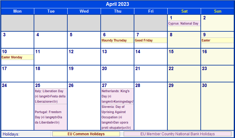 April 2023 Holidays Calendar Dates