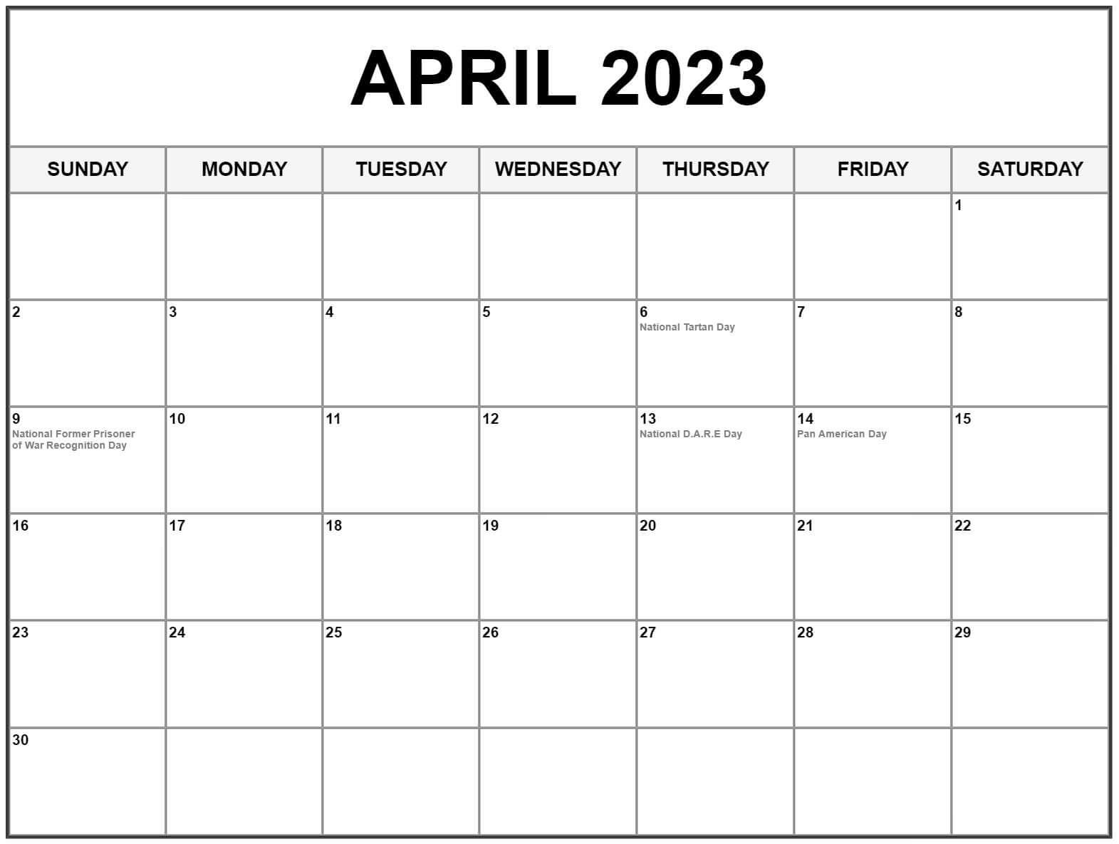 April 2023 calendar US Holidays