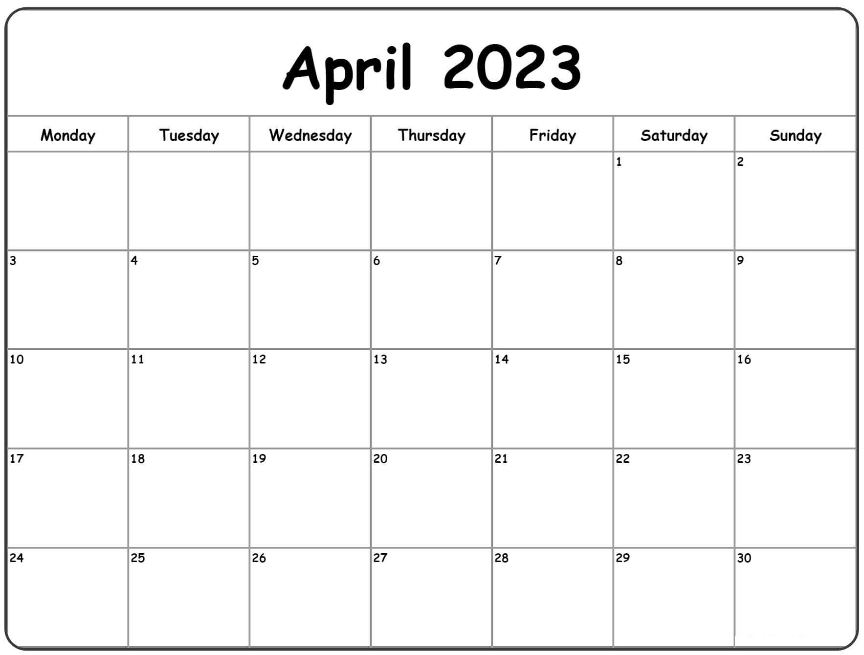 April 2023 calendar monday start