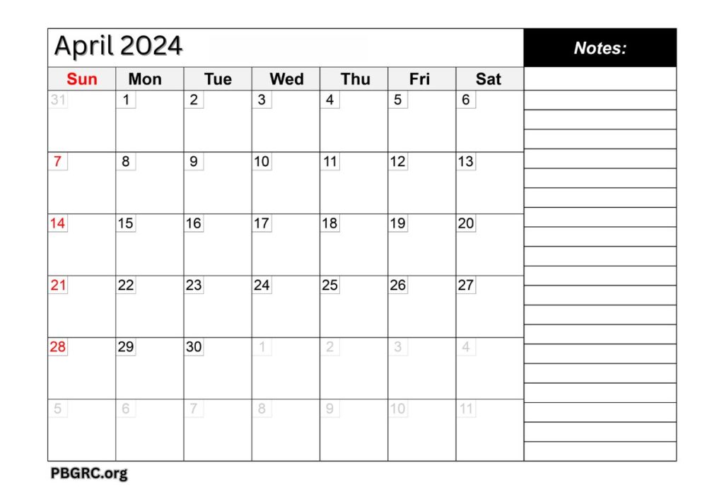 April 2024 Calendar Blank Note