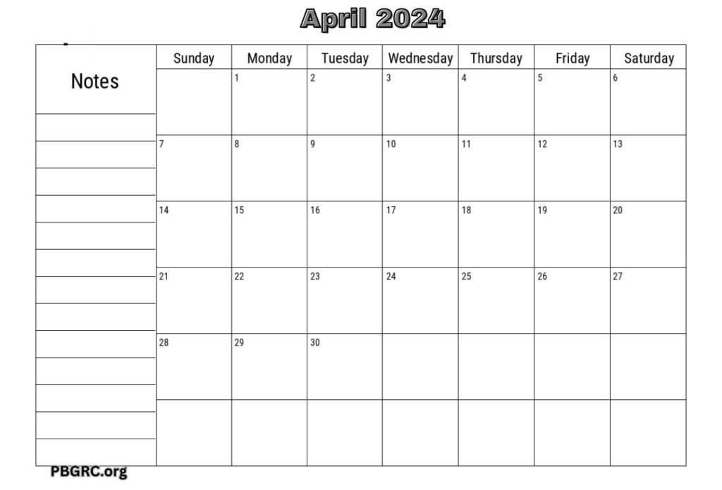 April 2024 Calendar Simple Note