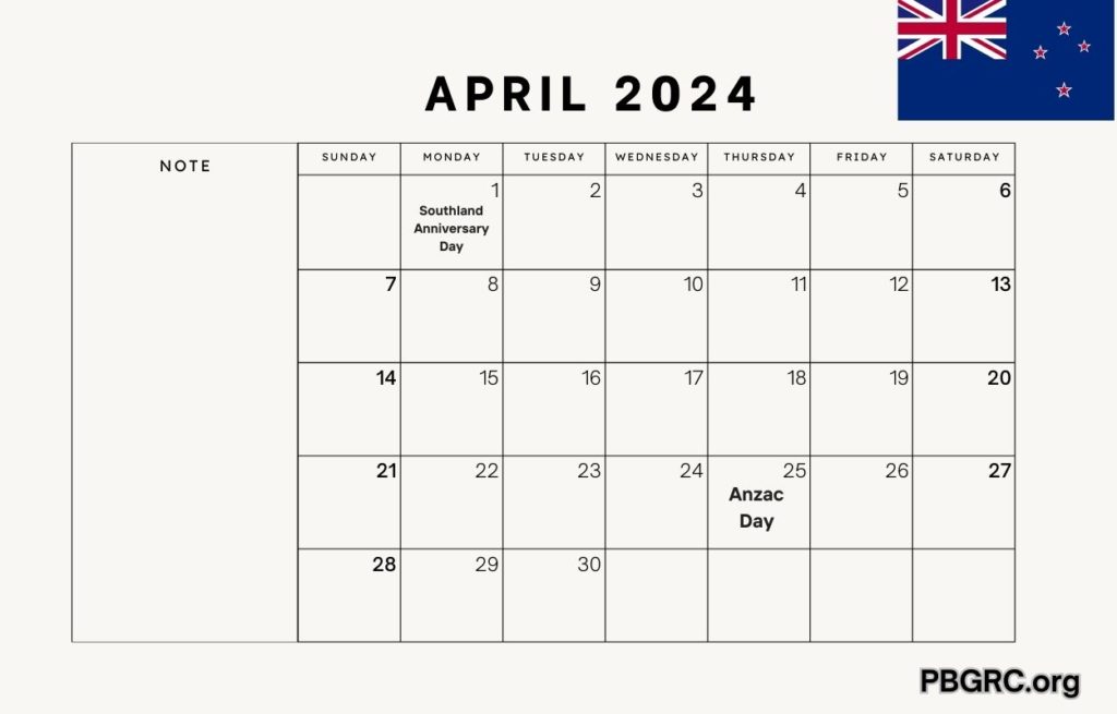 April 2024 New Zealand Calendar