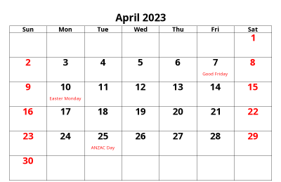 April Calendar 2023 Holidays
