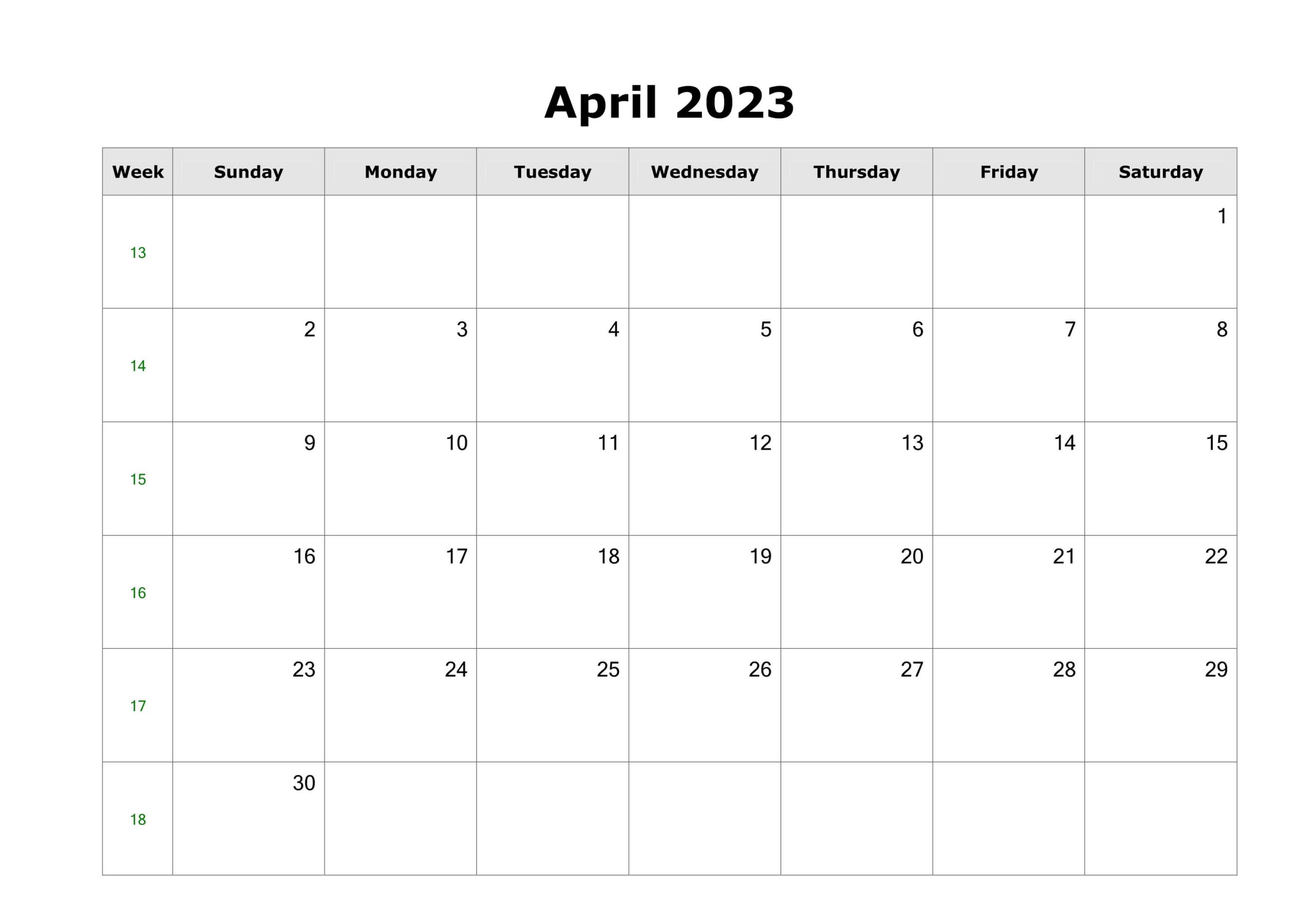Blank April 2023 Calendar Excel