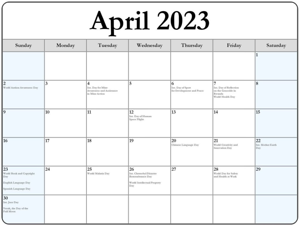 Blank April 2023 Calendar Holidays