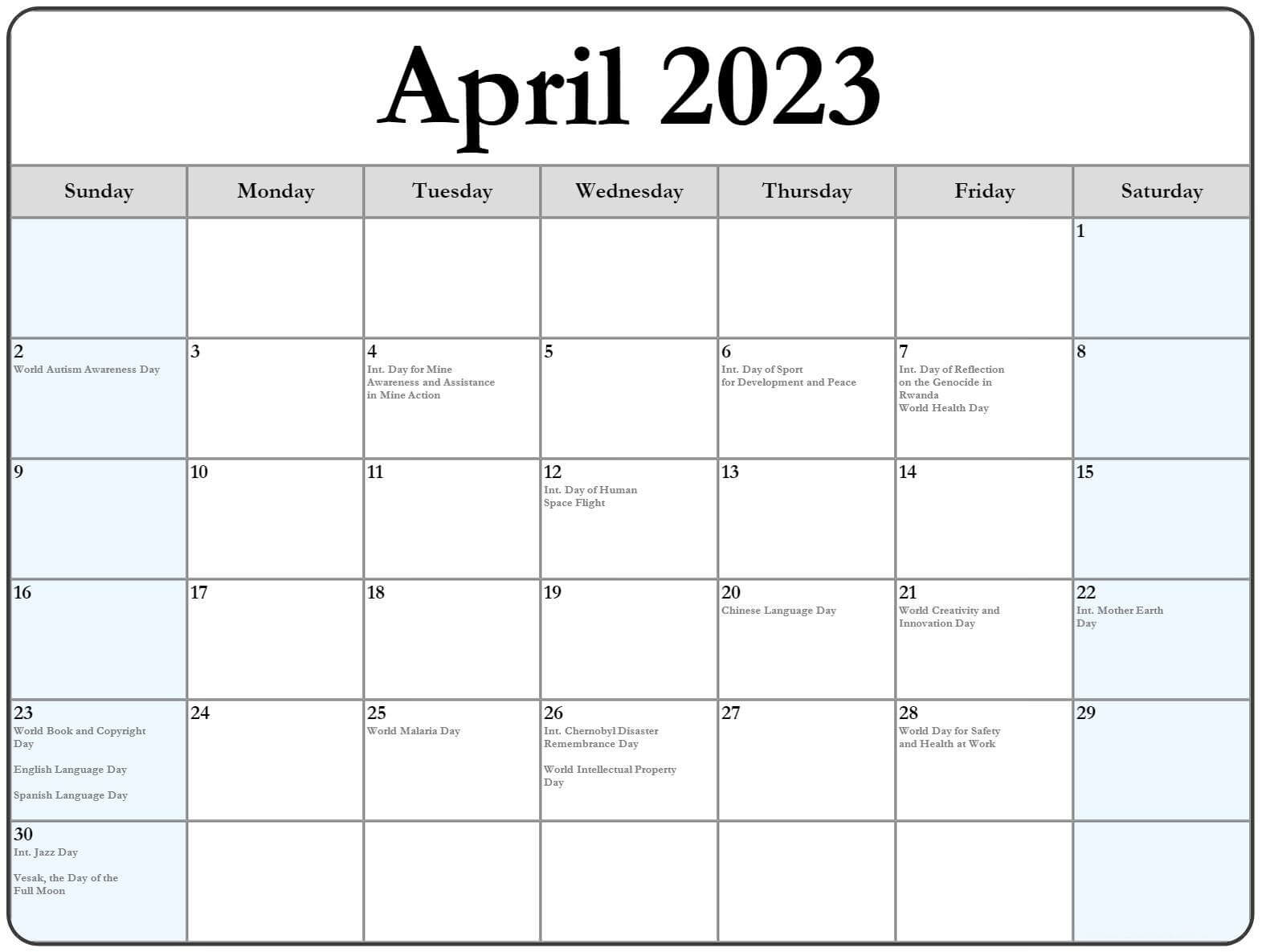 April 2023 Calendar Holidays with Dates