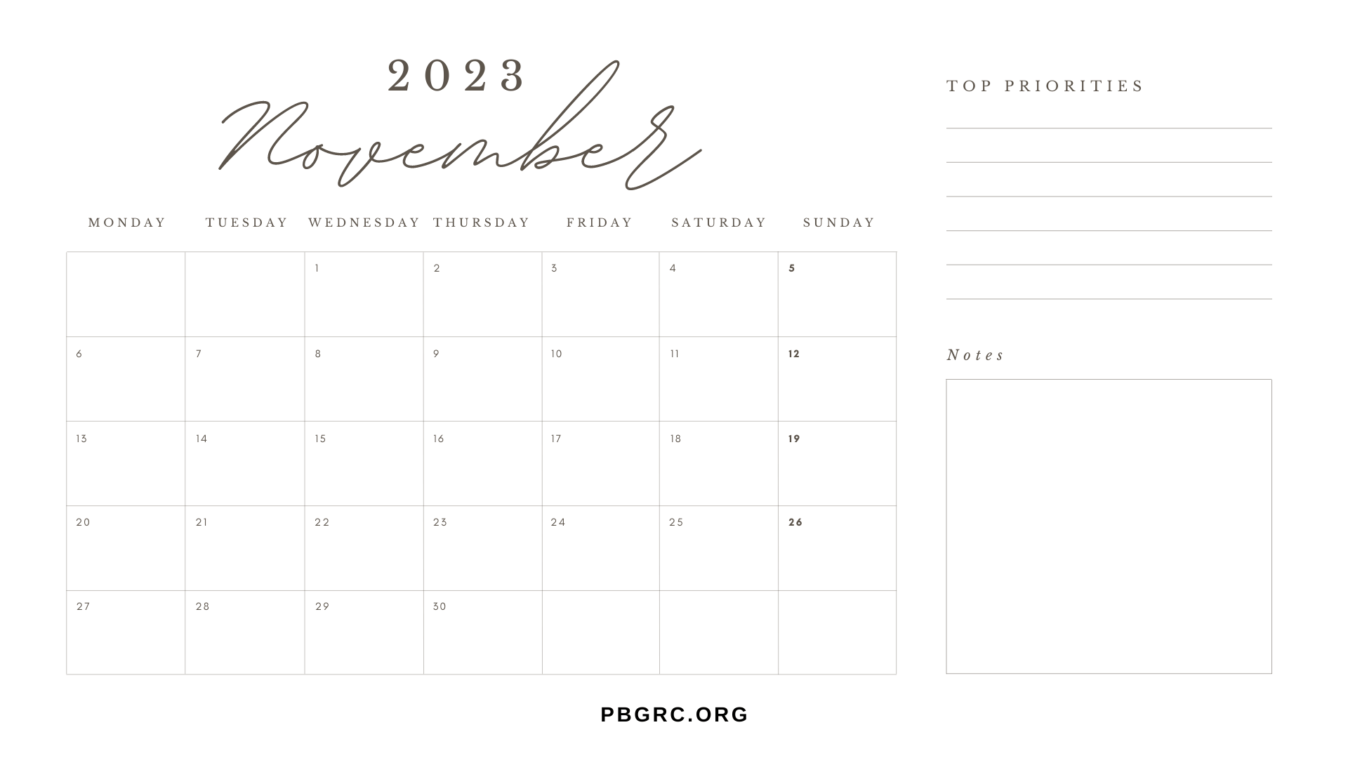 Blank October Calendar 2023 with Notes