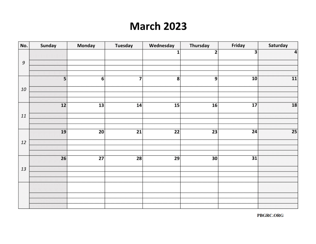 Calendar of March 2023 Excel Templates