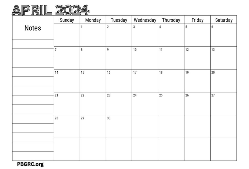 Editable April 2024 Calendar Simple Note