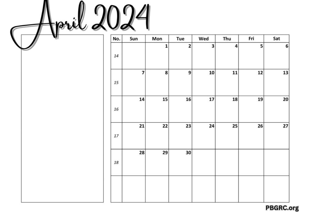 Editable April 2024 Calendar with Notes