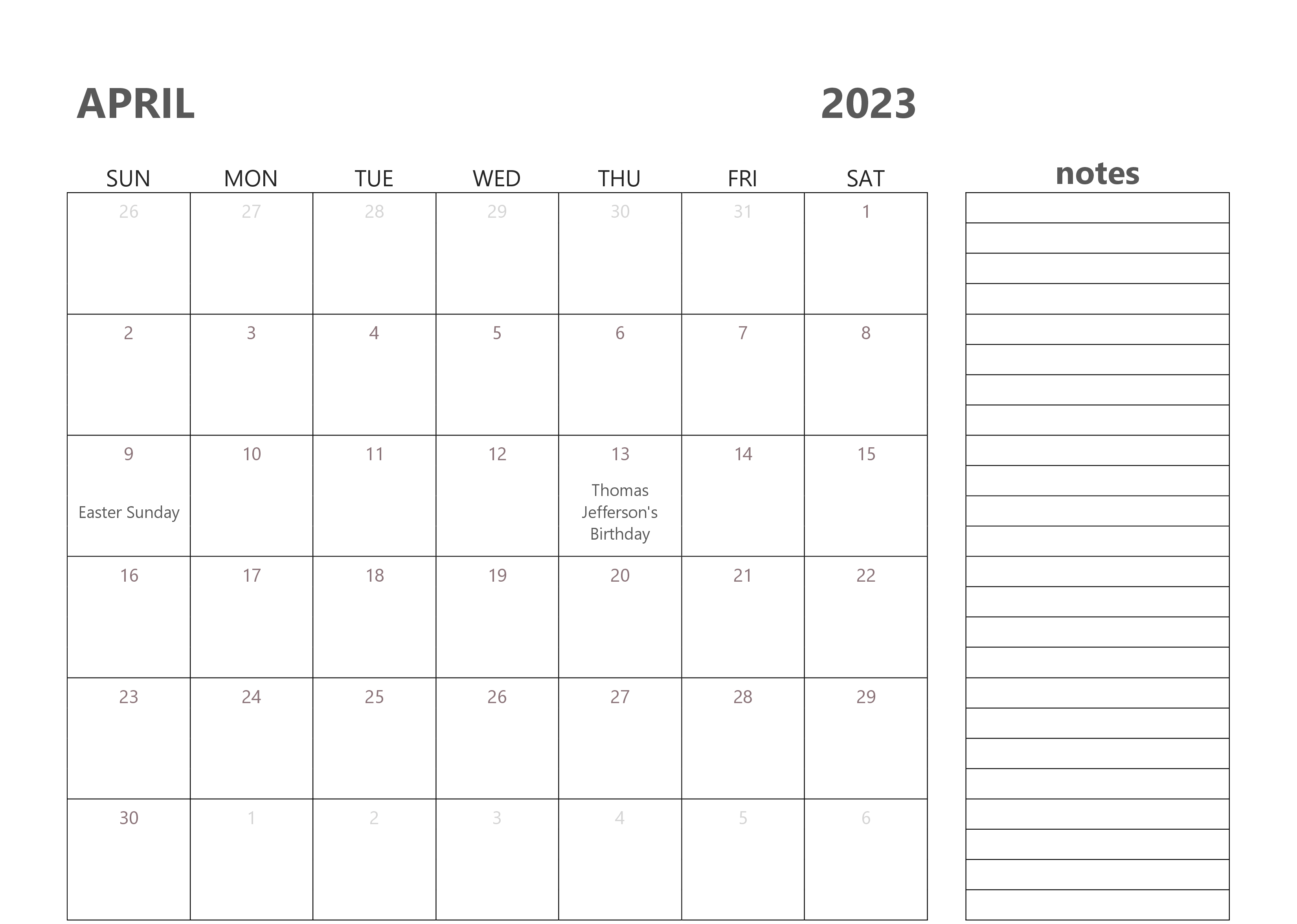 Editable April Calendar 2023