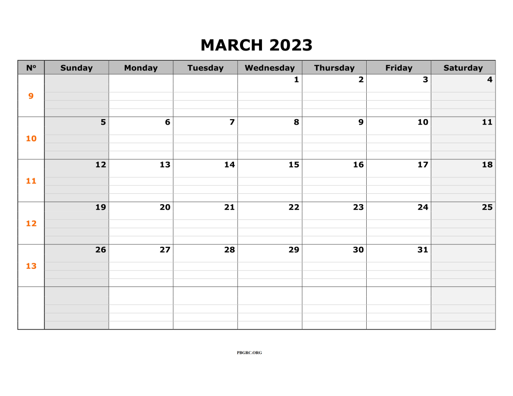 Excel Calendar of March 2023 month