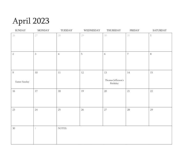 Fillable 2023 April Calendar Templates