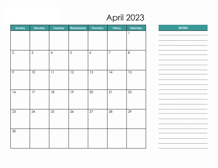 Fillable 2023 April Calendar with Notes