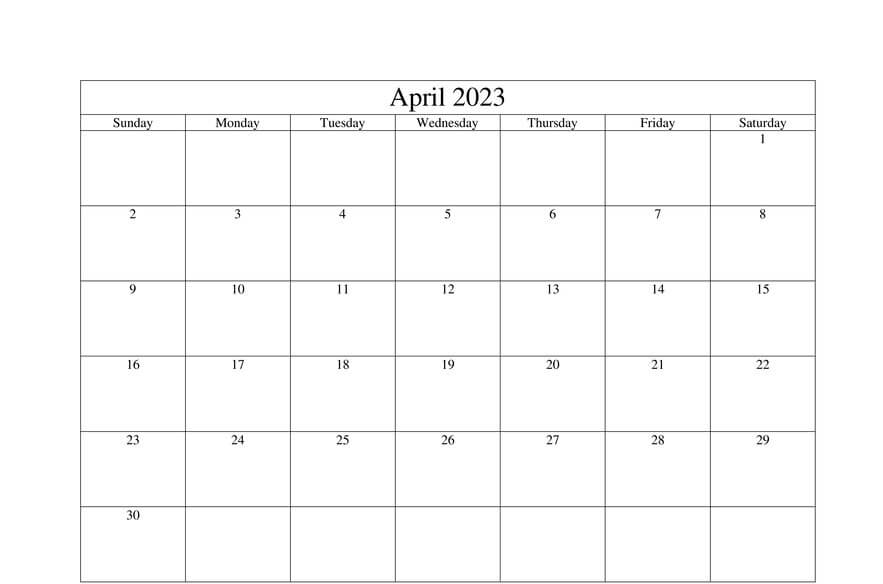 Fillable April Calendar 2023