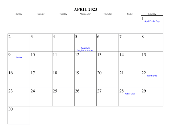 Holidays 2023 Calendar April